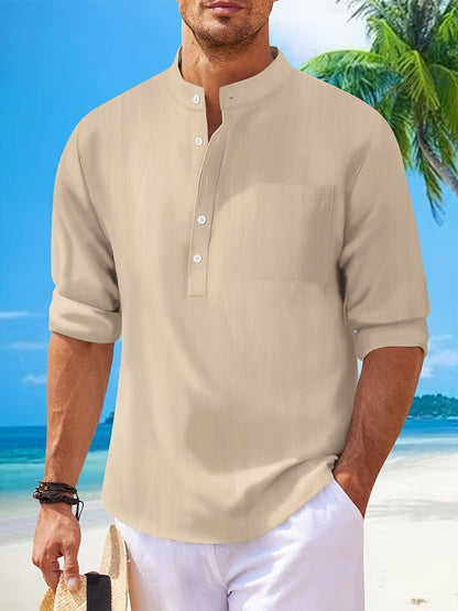 Mason - Henley Shirt with Cotton Linen Blend and Long Sleeve for Men