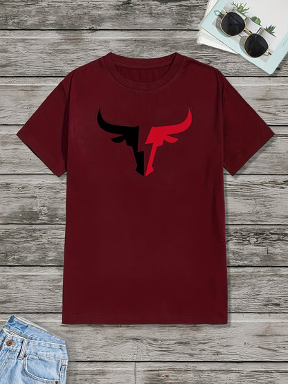 Lincoln - Casual Short Sleeve Crew Neck T-Shirt with Bull Graphic Print for Men