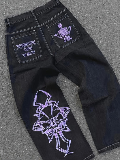 Barrett - Casual Street Style Loose Fit Jeans with Skeleton Embroidery for Men