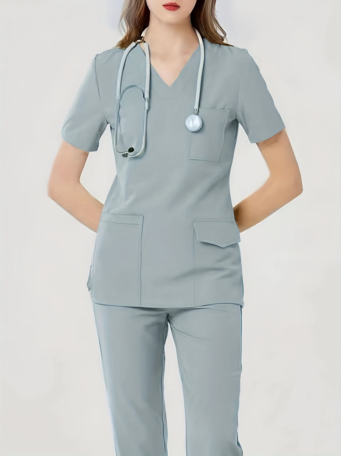 Grace - Health Care Uniform Set with Pockets V-neck Top and Matching Pants for Women