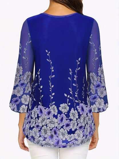 Barbara – Elegant Floral Mesh Blouse with V-Neck