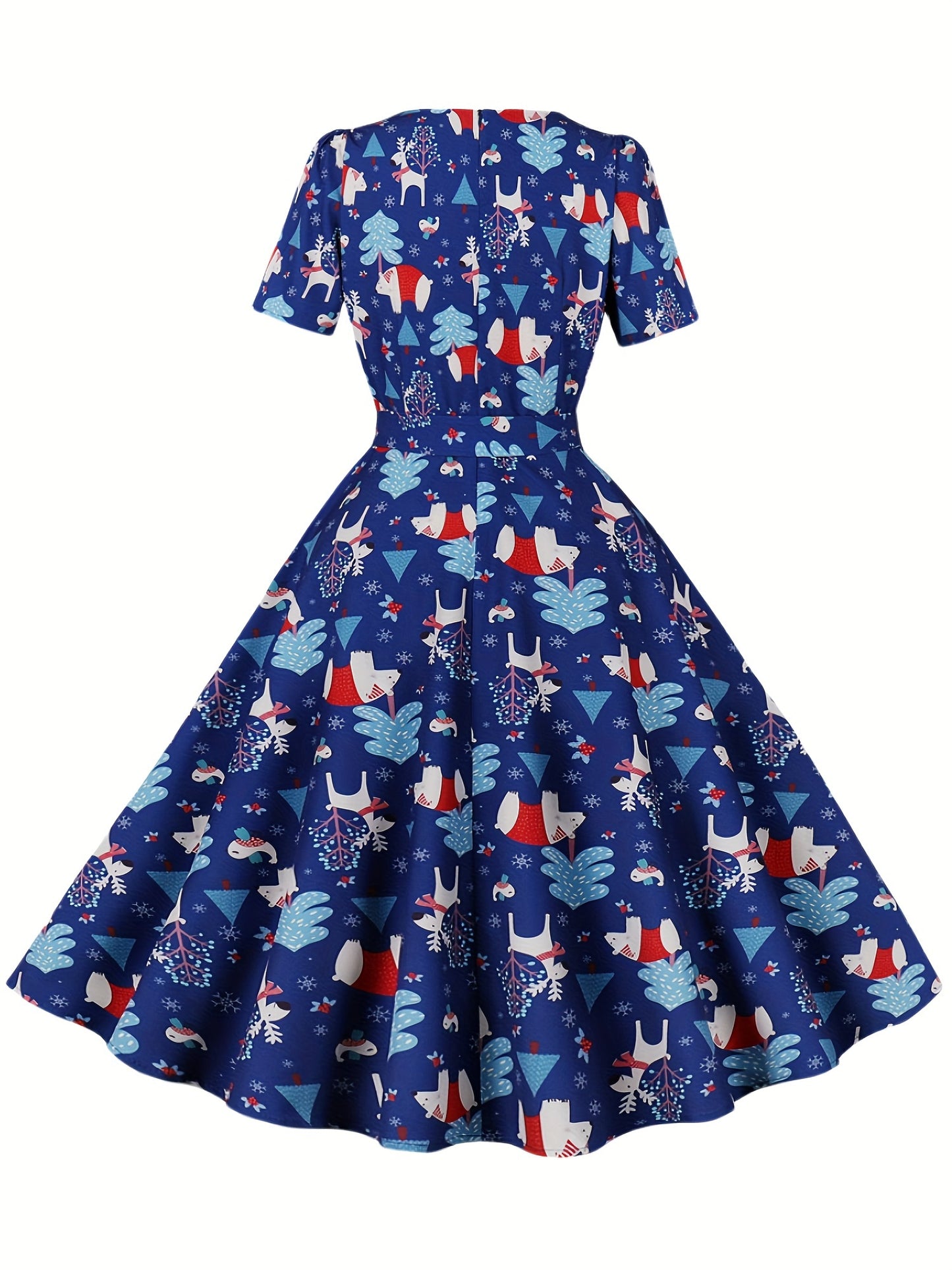 Freya - Vintage A Line Dress with Christmas Santa Print and Squared Neck for Women