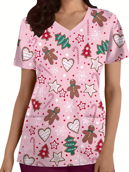 Marrianne - V-Neck Scrub Top with Christmas Print for Women