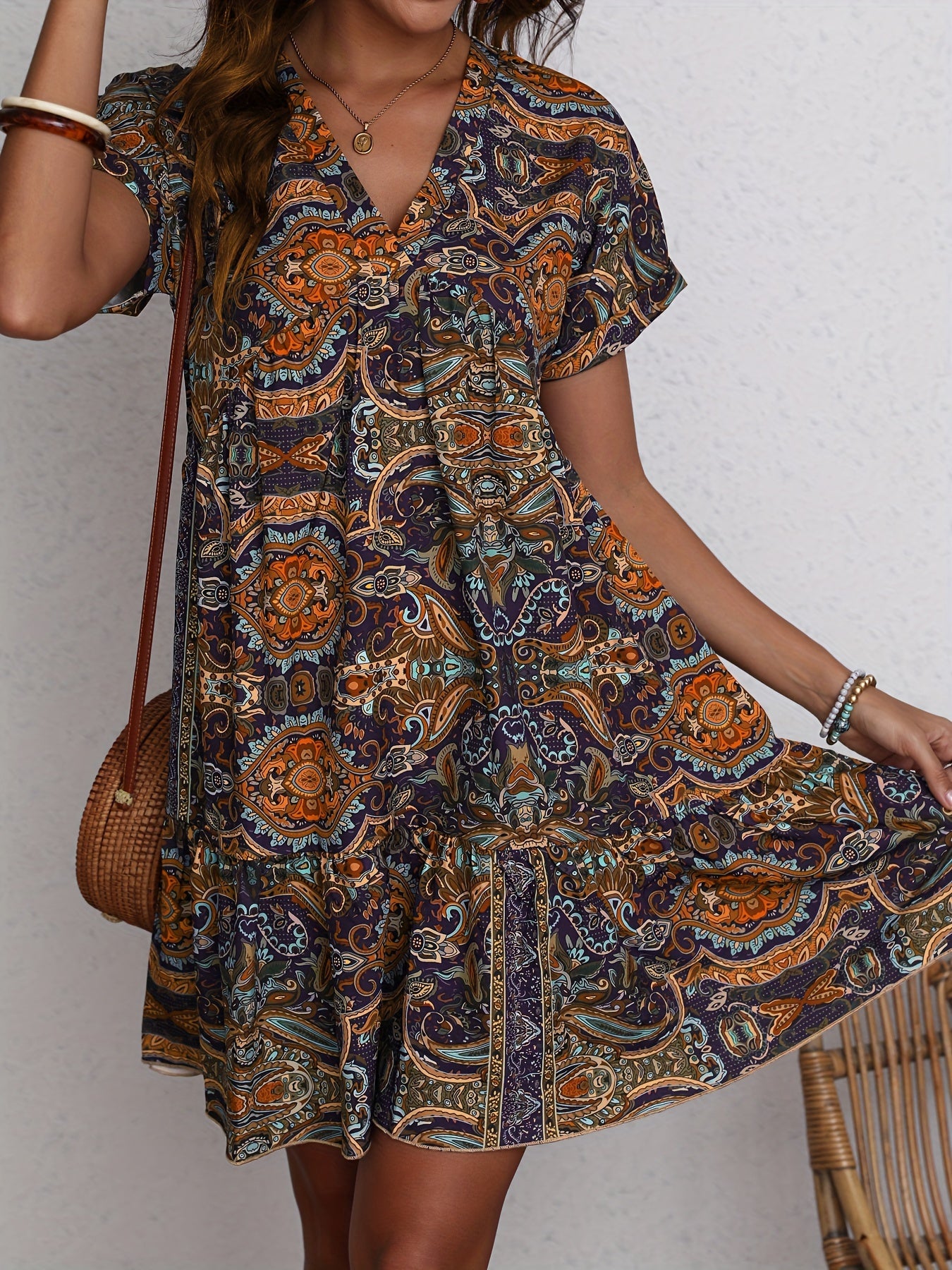 Lyra - Vintage V neck Dress with Tribal Allover Print and Loose Fit for Women