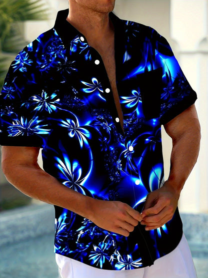 Andrew - Button-up Shirt with Hawaiian Fluorescent Gradient Art 3D Floral Print for Men