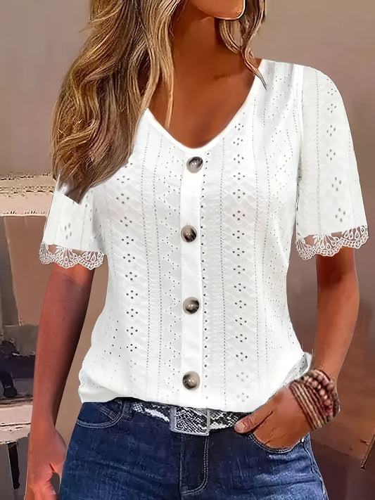 Rowena - Casual Blouse with Lace Trim and Button Decor Eyelet for Women