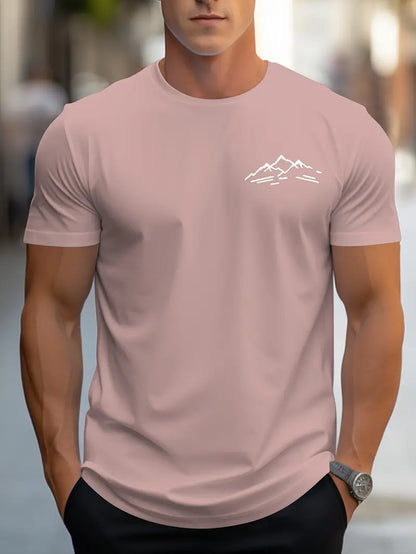 Nate - Round Neck Short Sleeve T-Shirt with Mountain Print for Men