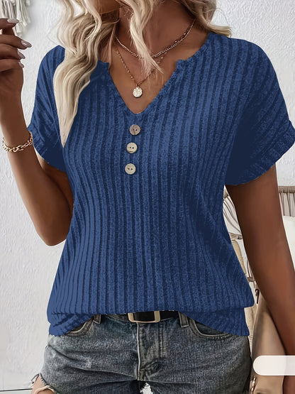 Mikaela - Ribbed Blouse with Short Sleeve and Crew Notched for Women