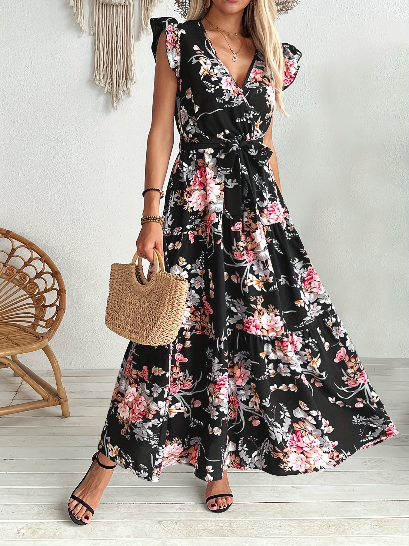 Serenity - Belted Floral Print Swing Maxi Dress with Ruffle Sleeve for Women