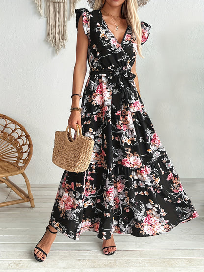 Serenity - Belted Floral Print Swing Maxi Dress with Ruffle Sleeve for Women