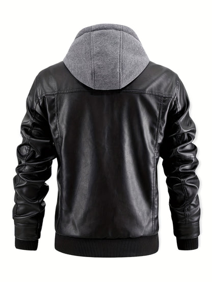 Damon - Casual 2-in-1 PU Leather Jacket with Zipper Up and Detachable Hood for Men