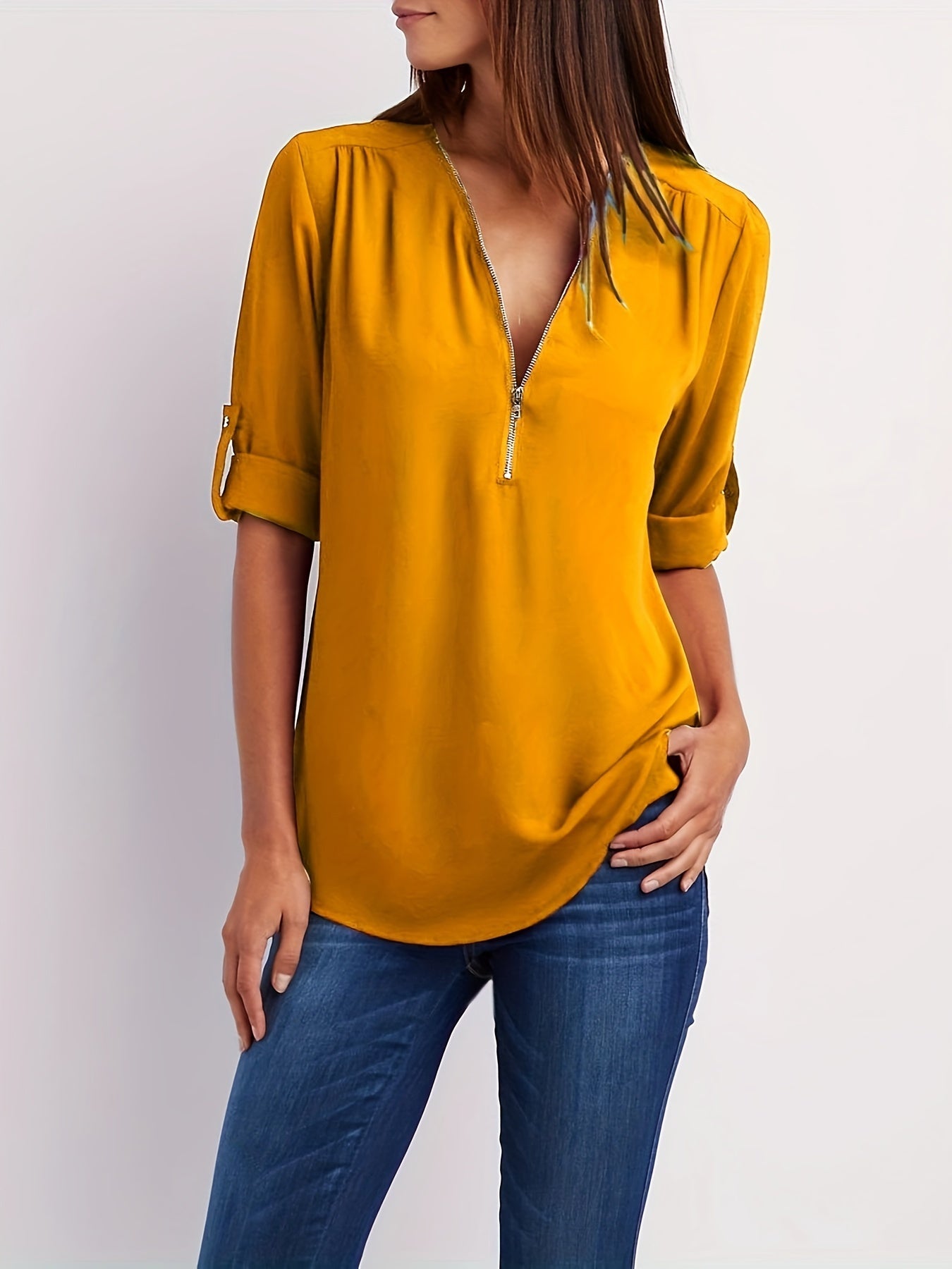 Juliana - Casual Ruched Blouse with Rollable Sleeve and Half Zip for Women