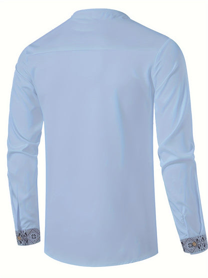 Zander - Long Sleeve Henley Shirt with Ethnic Style Trendy Geometric Pattern for Men