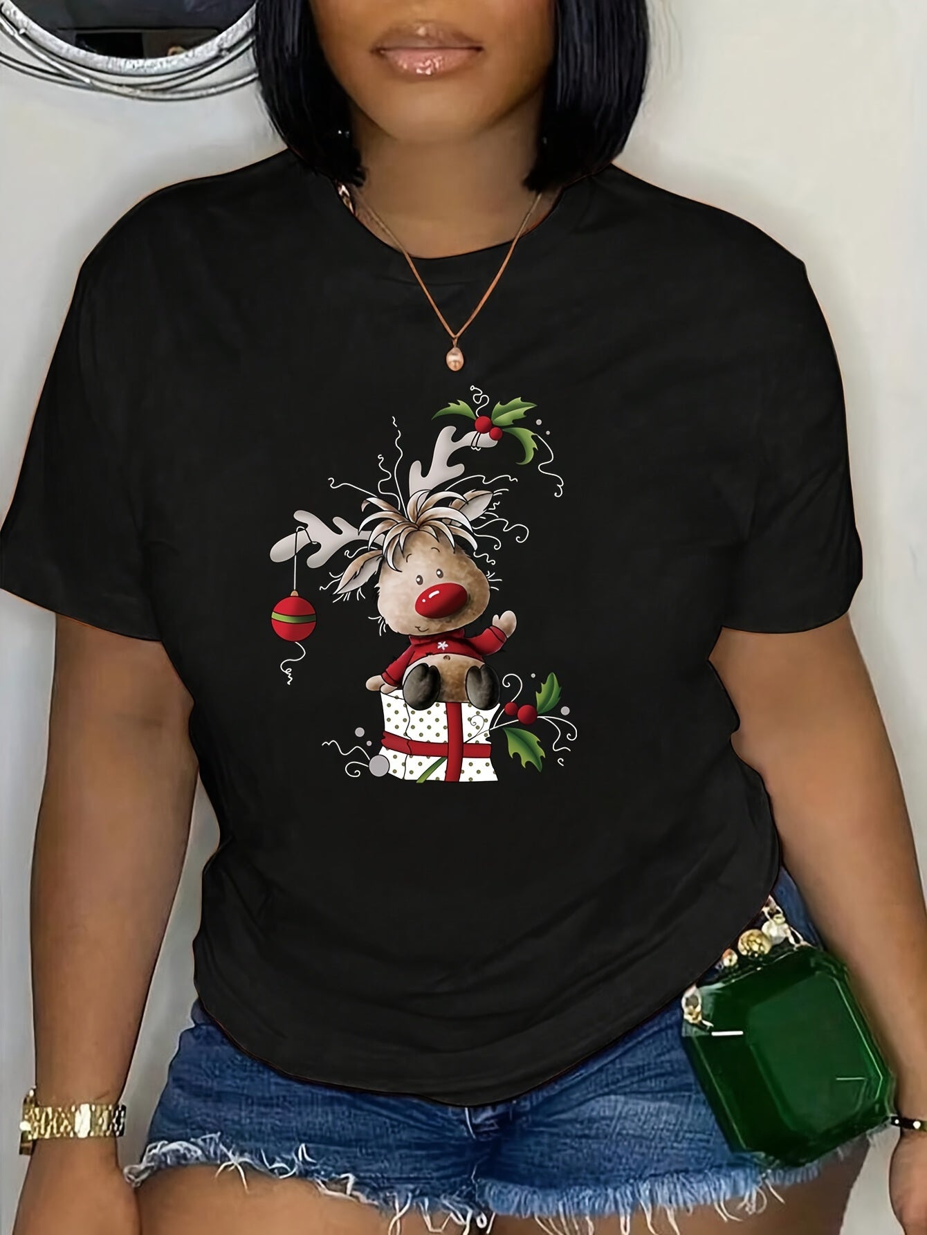 Hanah - Crew Neck T-Shirt with with Christmas Reindeer Print for Women