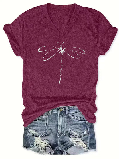 Amelia - Casual T-Shirt with Dragonfly Print and V Neck for Women