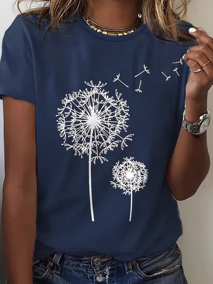 Skylar - Crew Neck T-Shirt with Dandelion Print for Women