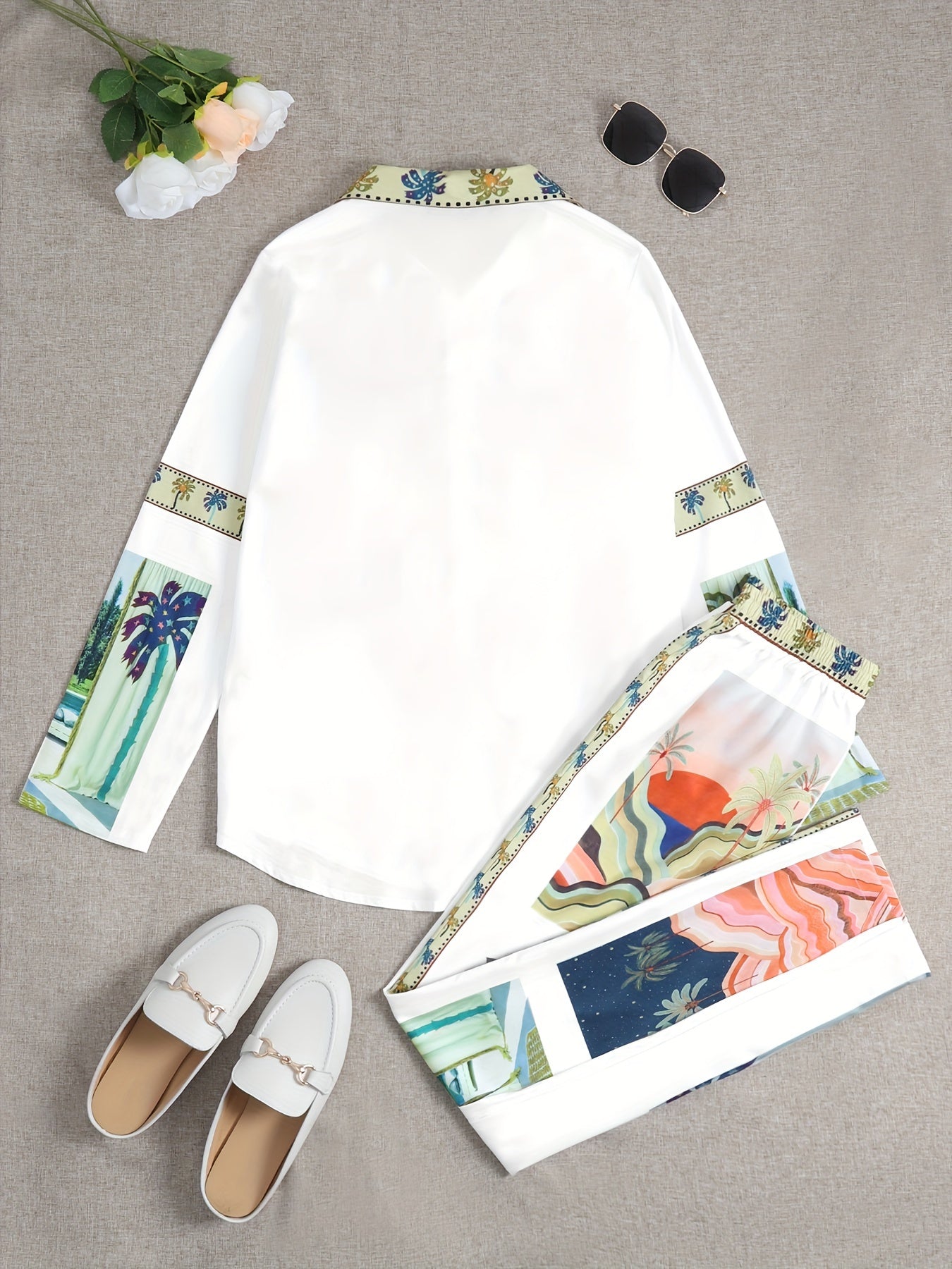 Julia - Vacation Palm Tree Print Shirt & Pants Set