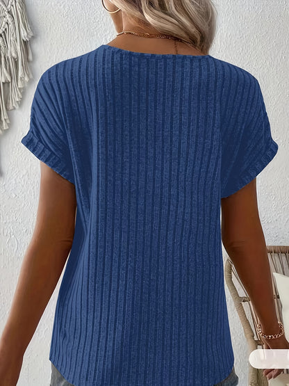 Mikaela - Ribbed Blouse with Short Sleeve and Crew Notched for Women