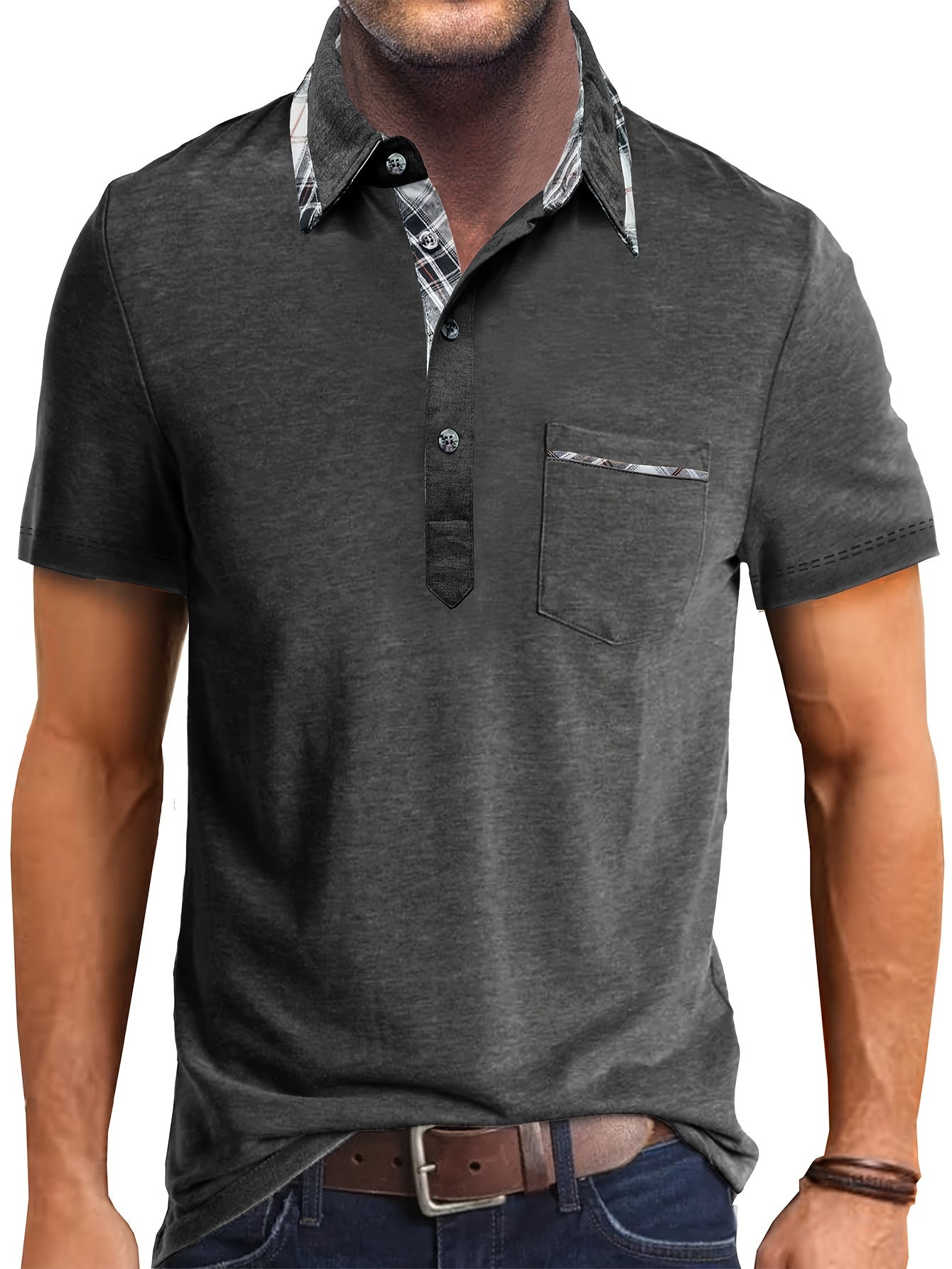 Jordan - Casual Henley Shirt with Plaid Pattern Lapel for Men