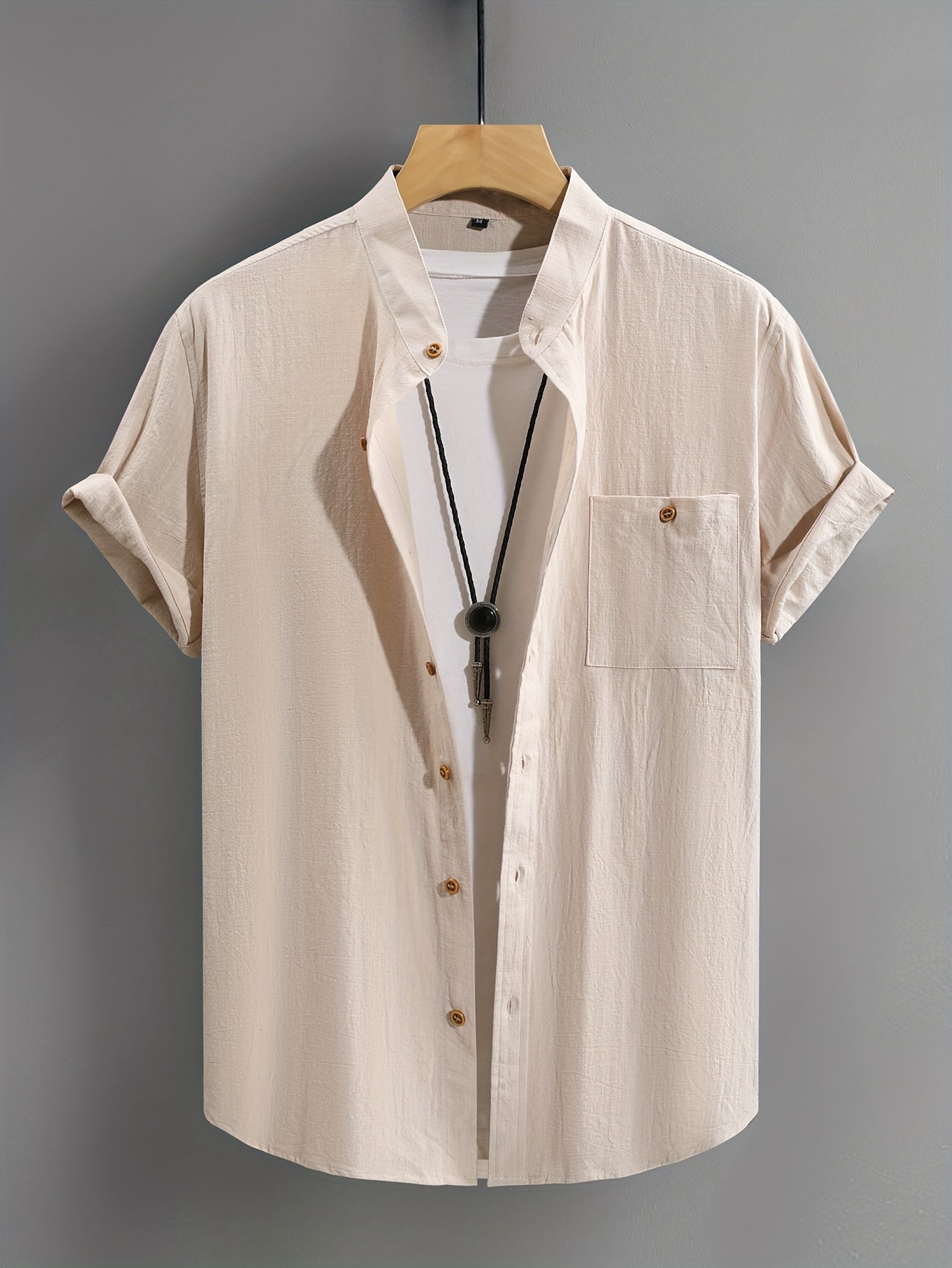 Harry - Mandarin Collar Short Sleeve Shirts with Button Up Shirt and Chest Pocket for Men