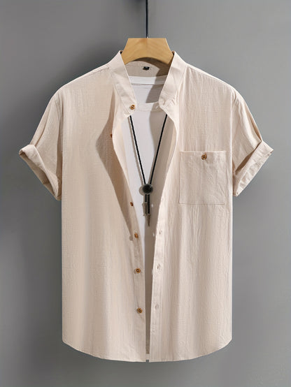 Harry - Mandarin Collar Short Sleeve Shirts with Button Up Shirt and Chest Pocket for Men