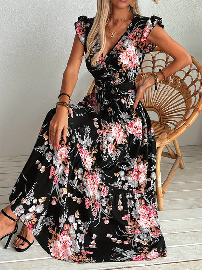 Serenity - Belted Floral Print Swing Maxi Dress with Ruffle Sleeve for Women