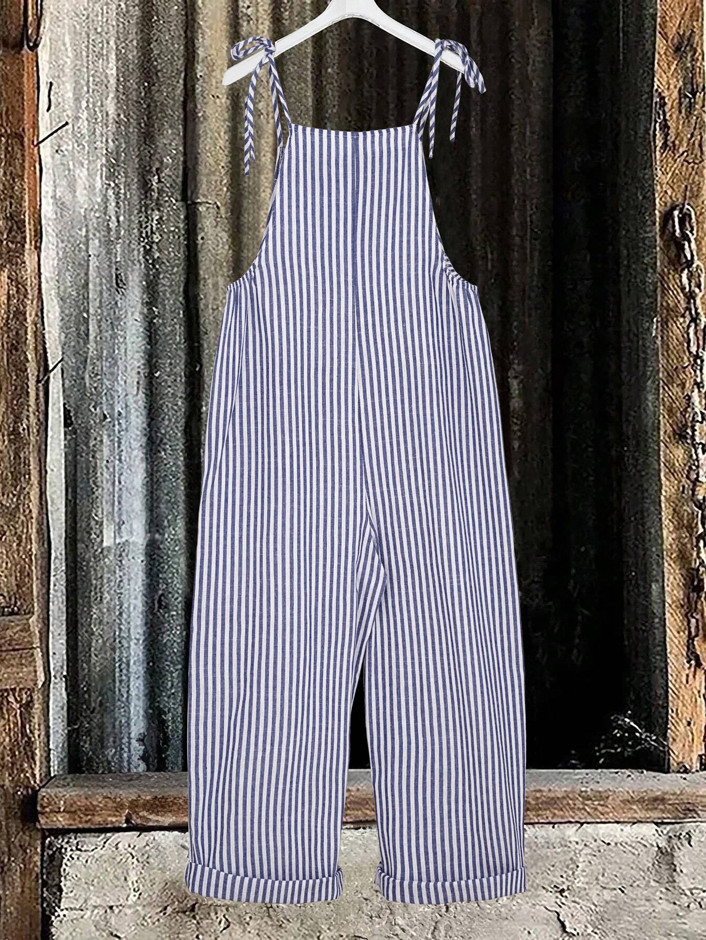 Linda – Striped Sleeveless Overalls with Tie Shoulders