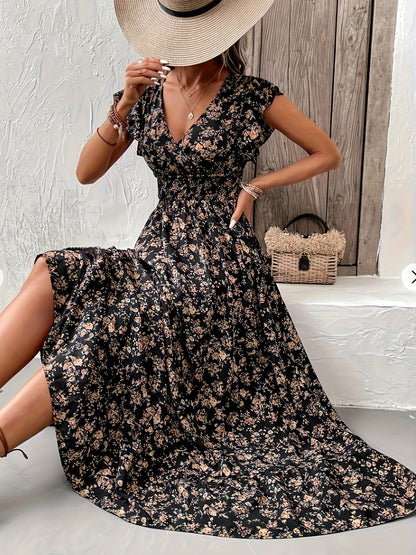 Irene - Elegant Maxi Dress with Floral Print and Shirred Waist for Women