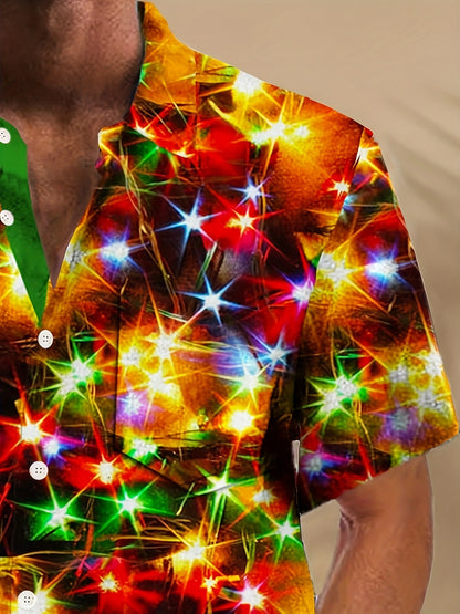 Levi - Short Sleeve Shirt with Button Up and Christmas Themed Colorful Lights Print for Men