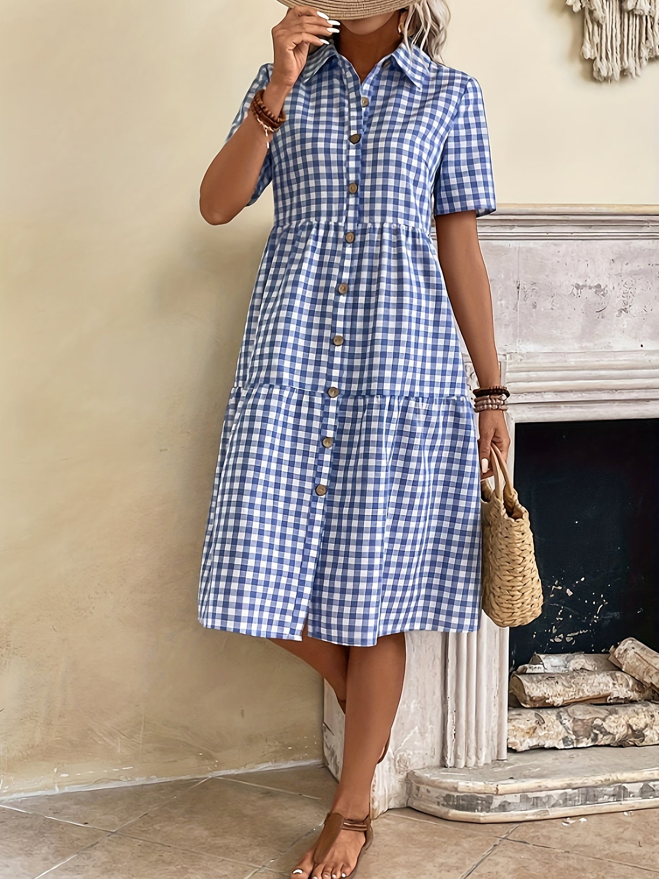 Mildred - Plaid Dress with Button Front and Short Sleeve for Women