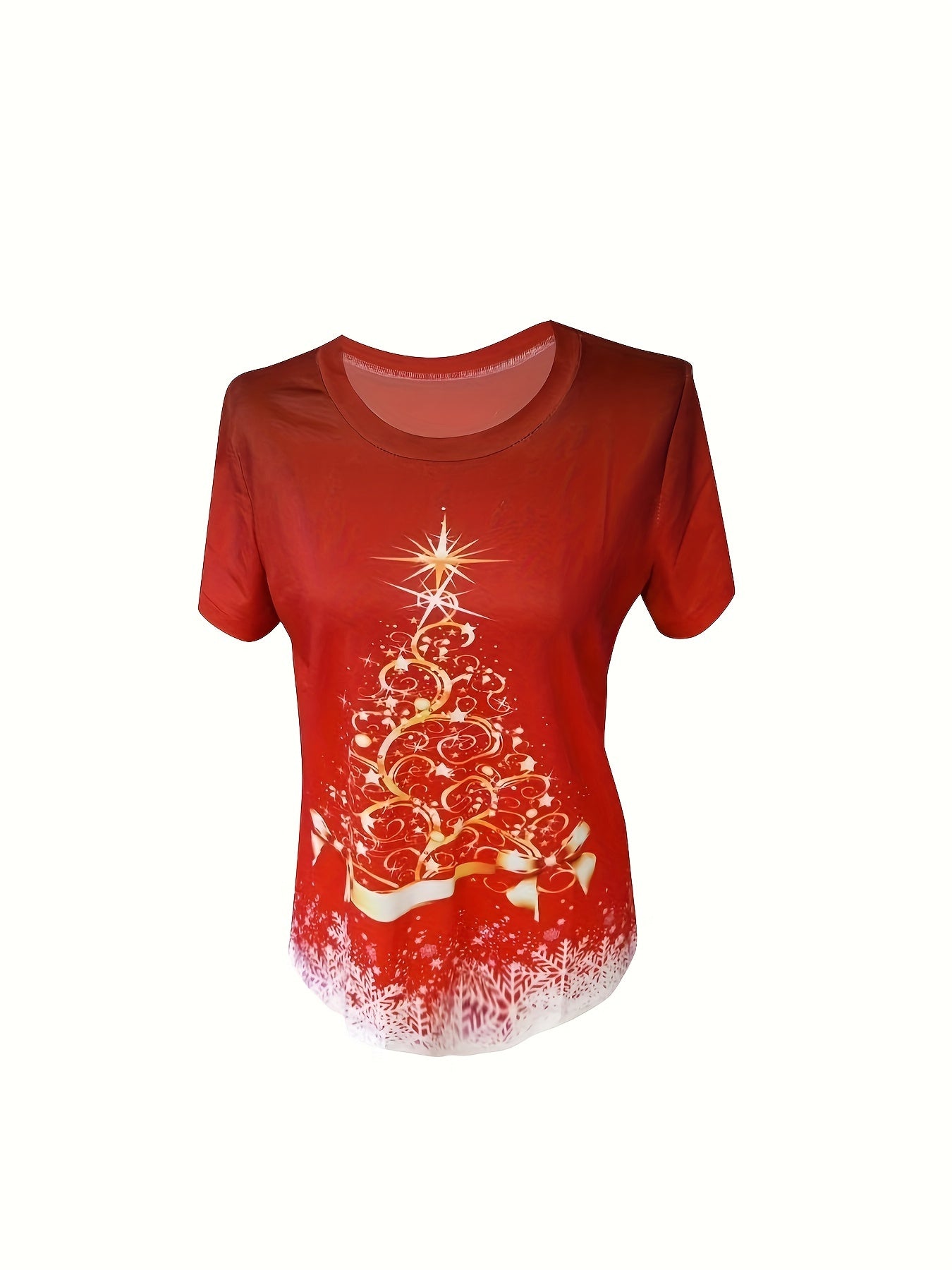 Leah - Chic T-Shirt with Festive Red Christmas Tree Print for Women