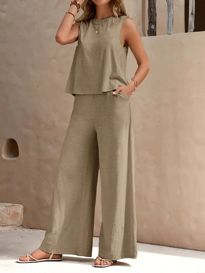 Michelle - Elegant Outfit Set with Sleeveless Tank Top and Wide Leg Loose Pants for Women