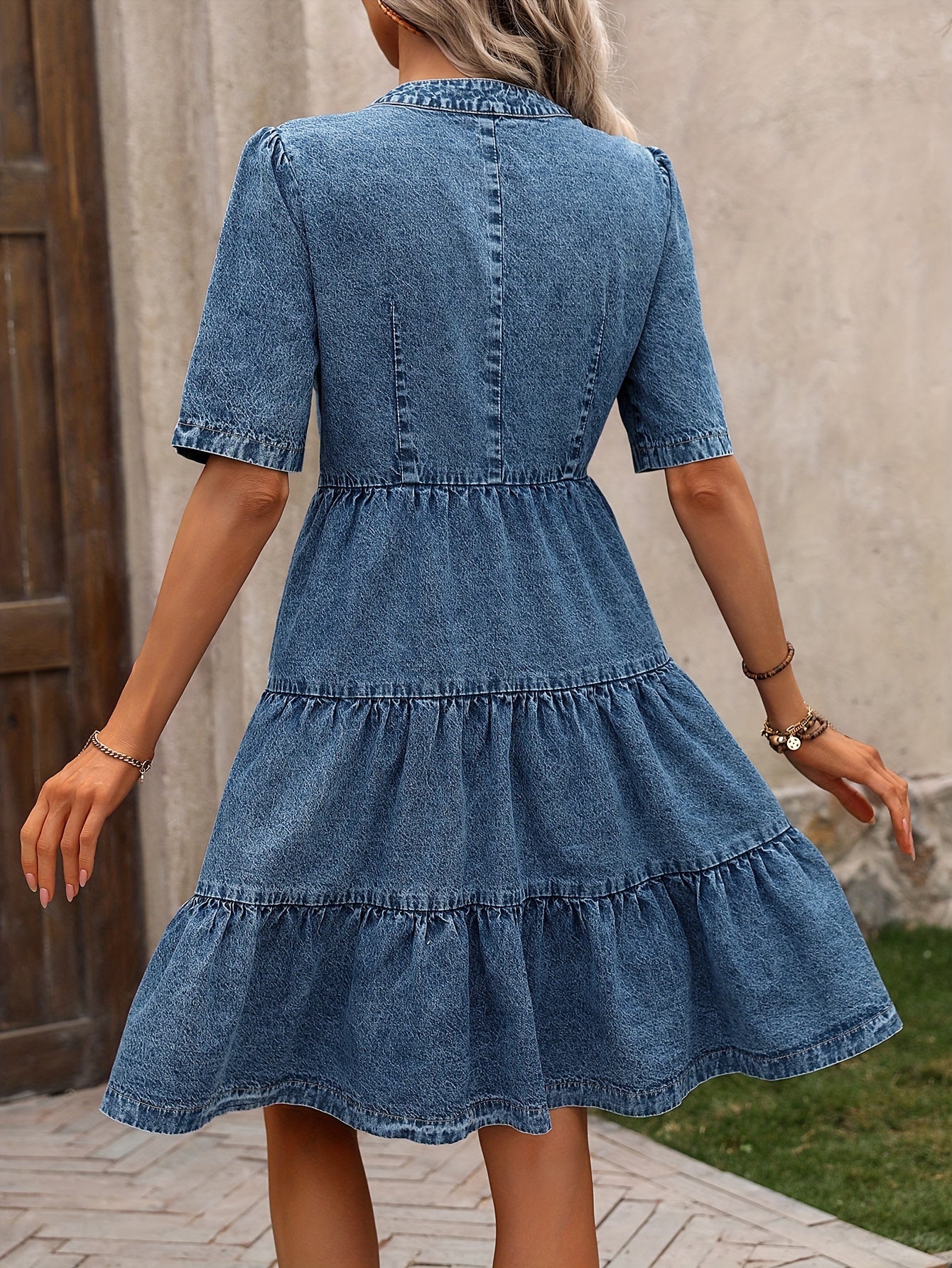 George - Elegant Denim Dress with Tiered Layered Hem for Women