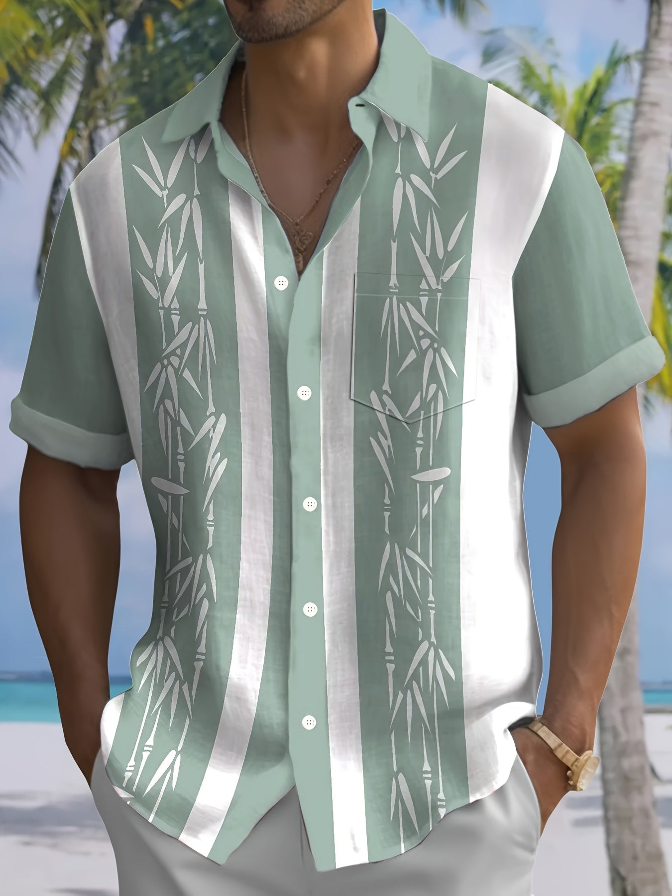 Ronald - Button Up Summer Shirt with Bamboo Print Short for Men