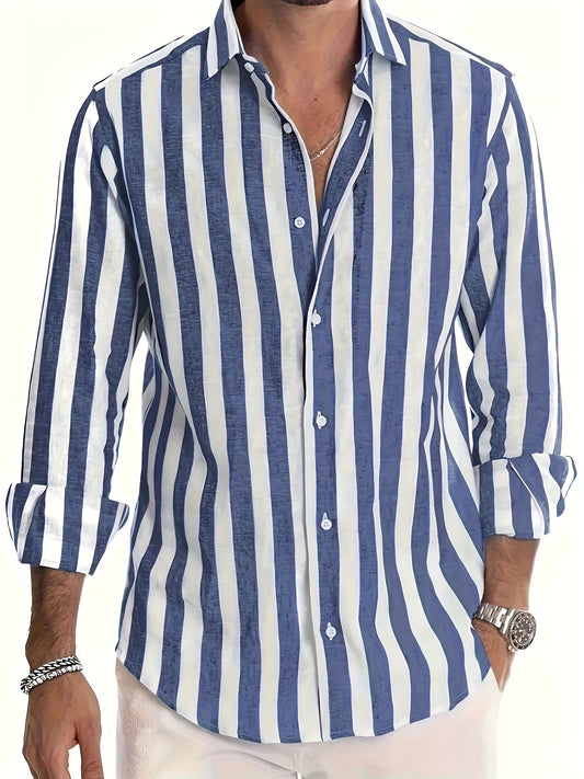 Andrew - Contrast Color Striped Long Sleeve Shirt with Button Up and Single-breasted for Men