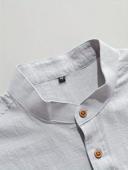 Harry - Mandarin Collar Short Sleeve Shirts with Button Up Shirt and Chest Pocket for Men