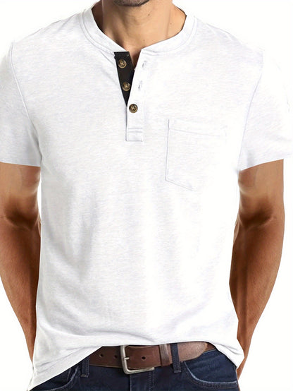 Leonard - Casual Henley Shirt with Breasted Pocket and Contrast Color Placket for Men