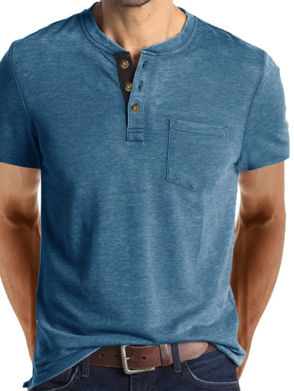 Leonard - Casual Henley Shirt with Breasted Pocket and Contrast Color Placket for Men