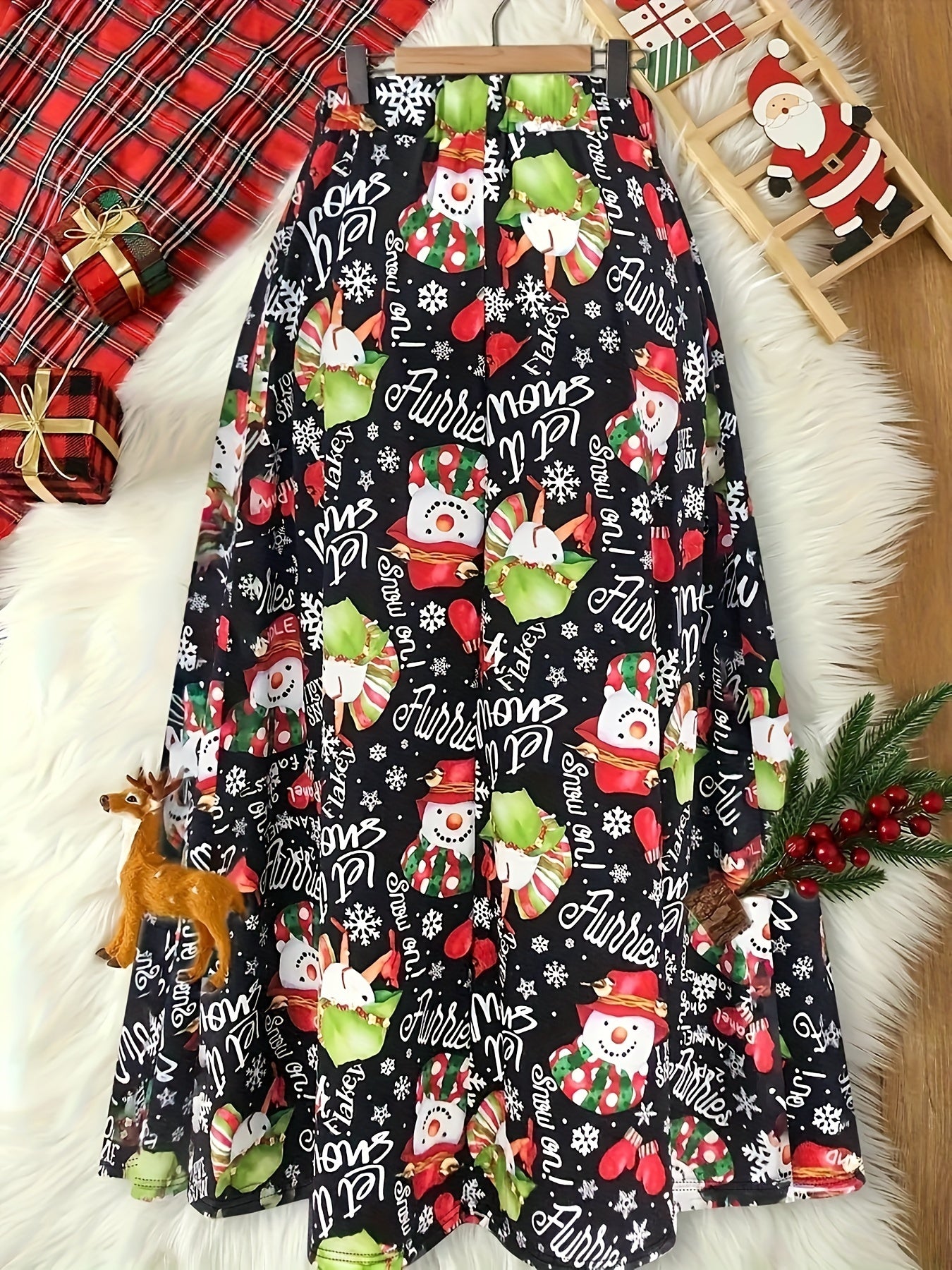 Isla - High Waist Skirt with Christmas Snowman Print for Women