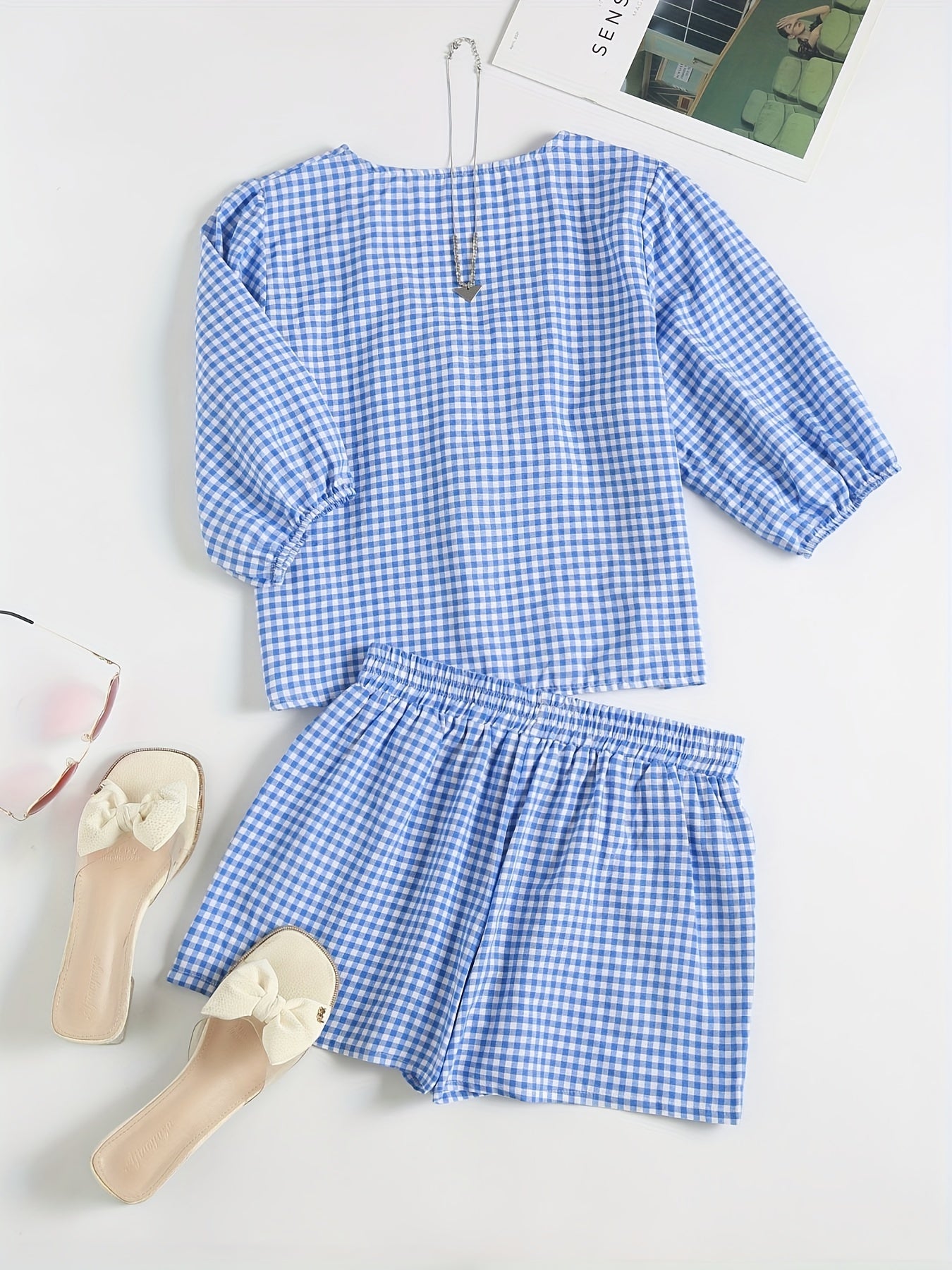 Victoria - Gingham Outfit Set with Tie Front Shirt and Elastic Waist Shorts for Women