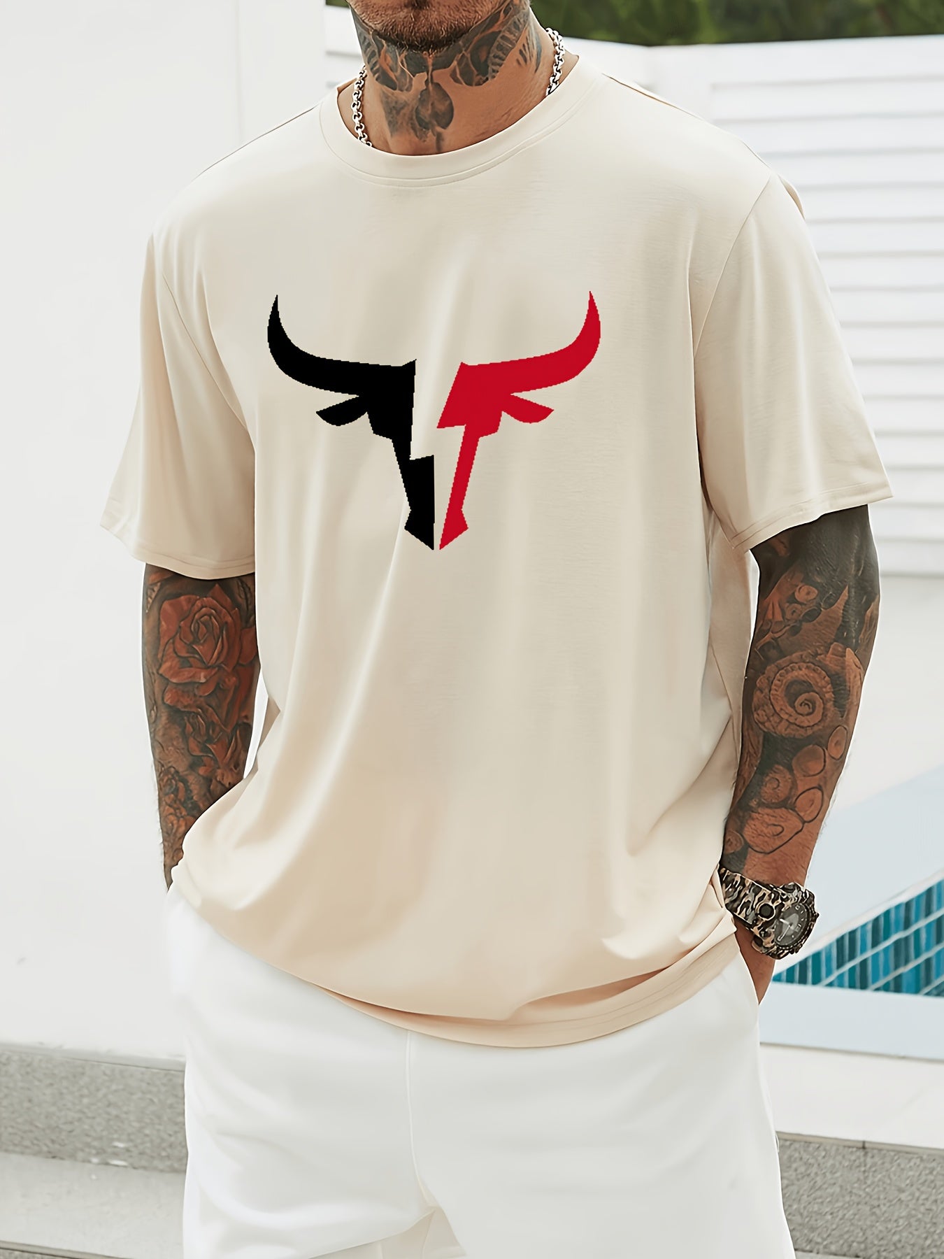 Lincoln - Casual Short Sleeve Crew Neck T-Shirt with Bull Graphic Print for Men