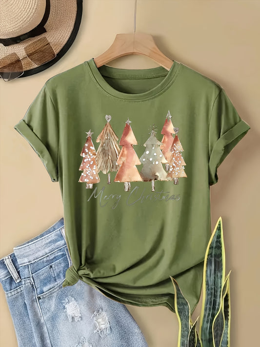 Sarah - Festive Christmas Tree Print Crew Neck T-Shirt