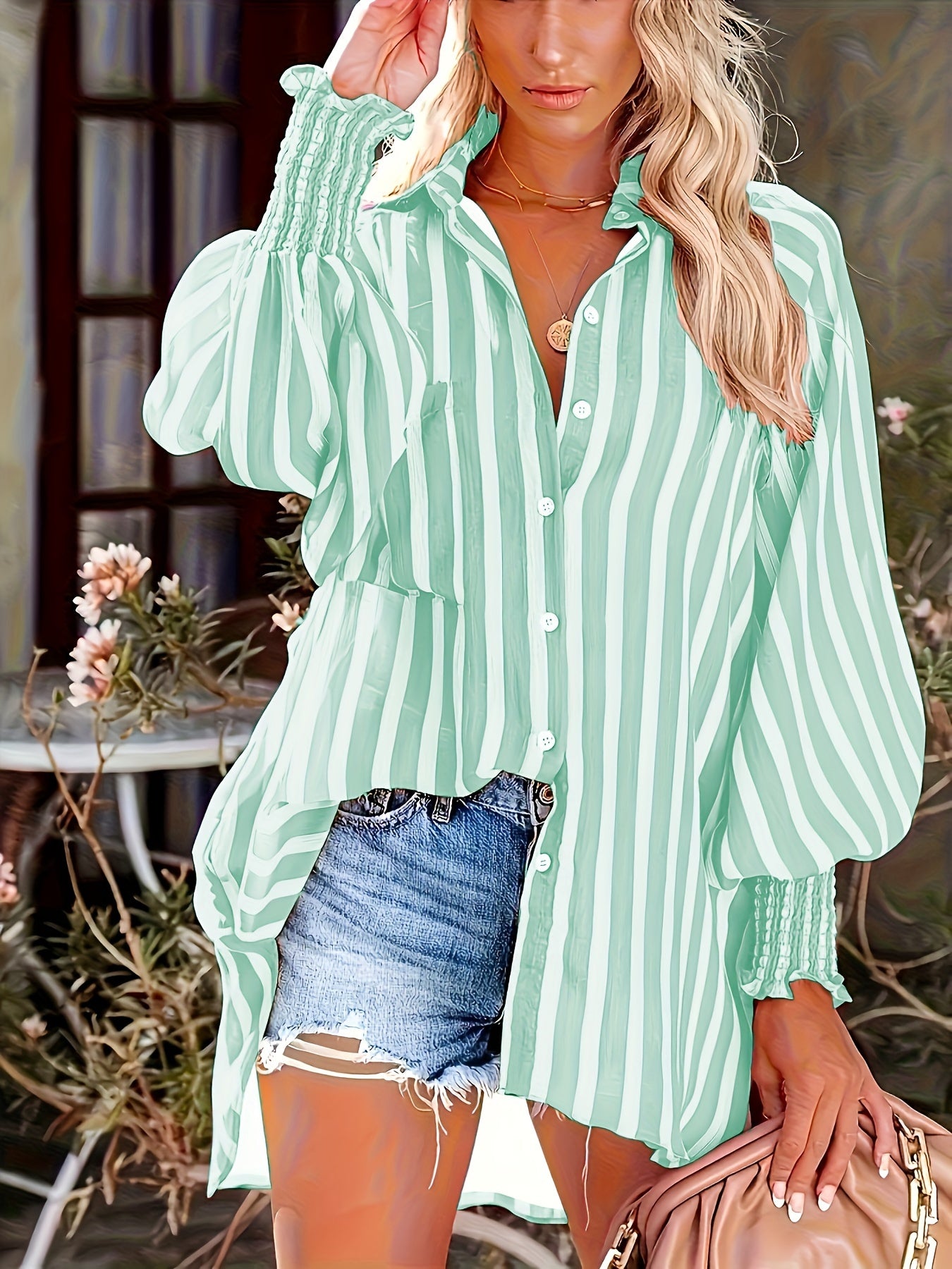 Kristine - Striped Button Front Loose Shirt with Lantern Sleeve for Women