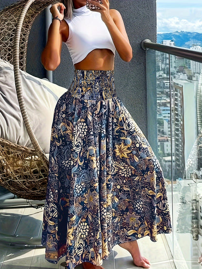 Emily - Shirred Waist Boho Pants with Floral Print and High Waist for Women