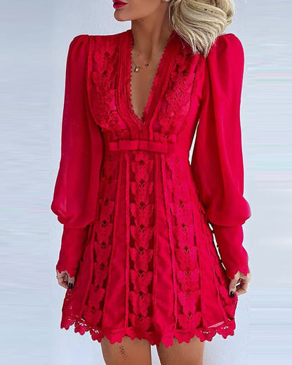 Gabrielle – Elegant Lace V-Neck Dress with Long Puff Sleeves