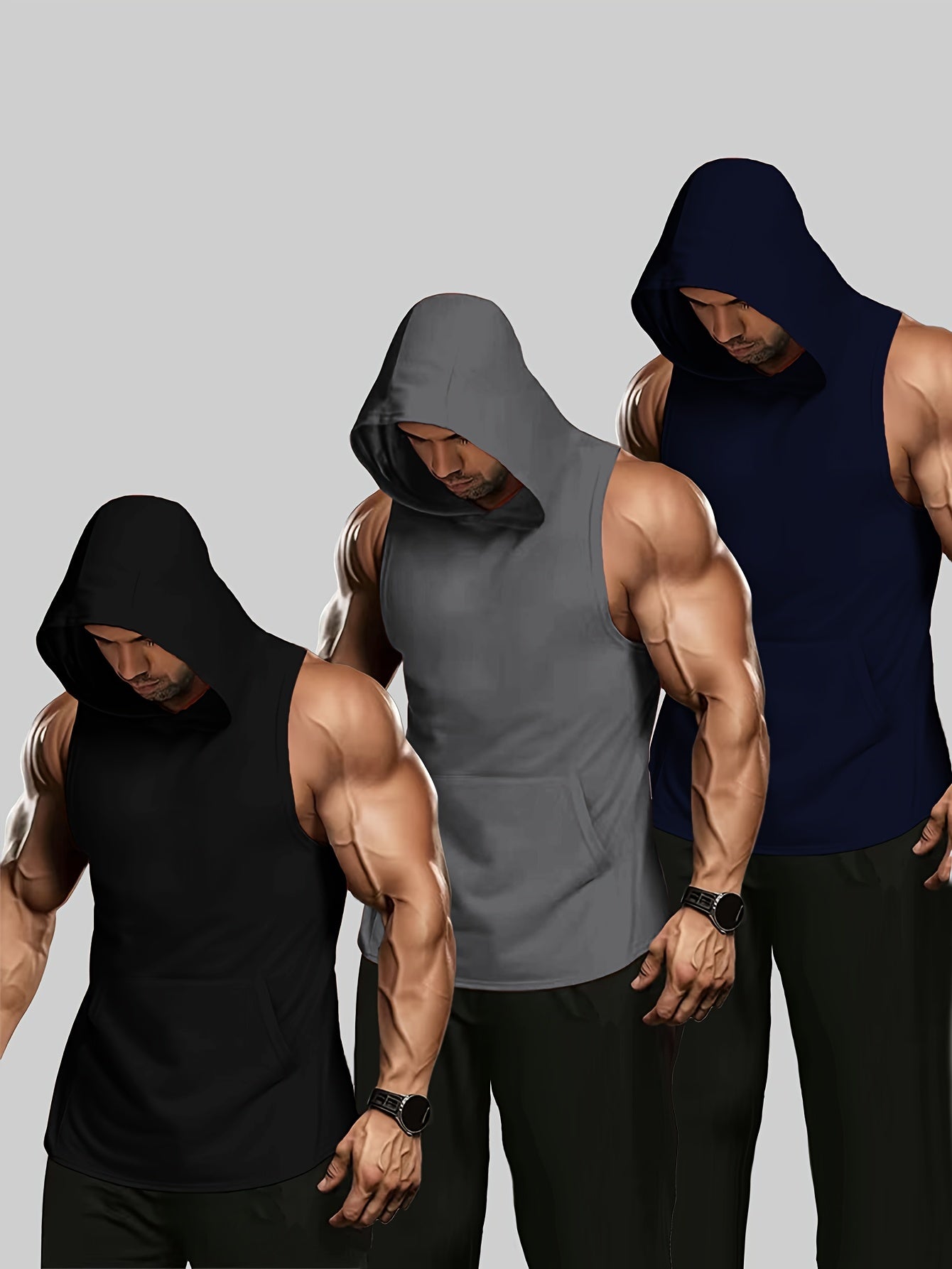 Benny - 3pcs Sleeveless Tanktop Set with Hood for Men