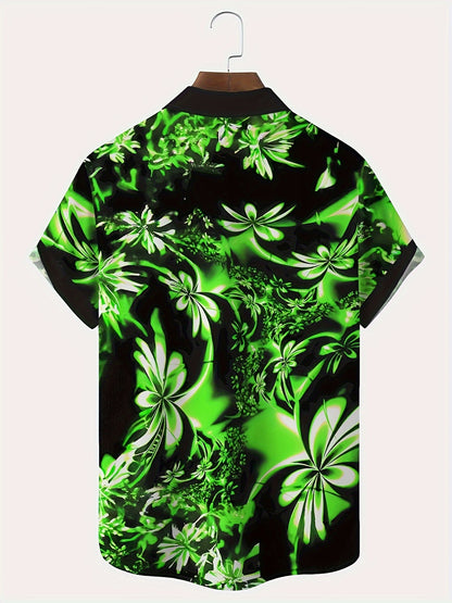 Andrew - Button-up Shirt with Hawaiian Fluorescent Gradient Art 3D Floral Print for Men