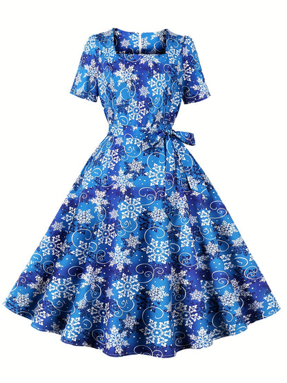 Freya - Vintage A Line Dress with Christmas Santa Print and Squared Neck for Women