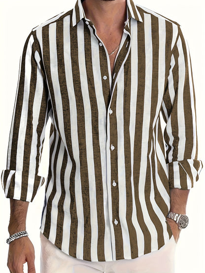 Andrew - Contrast Color Striped Long Sleeve Shirt with Button Up and Single-breasted for Men