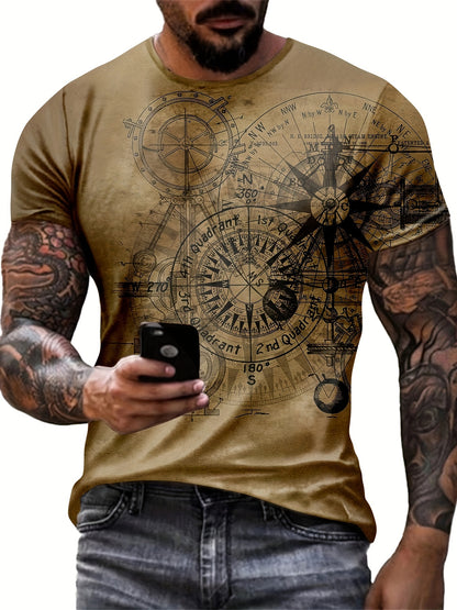 Ethan - Retro T-Shirt with Sketch Style Compass Graphic Pattern for Men